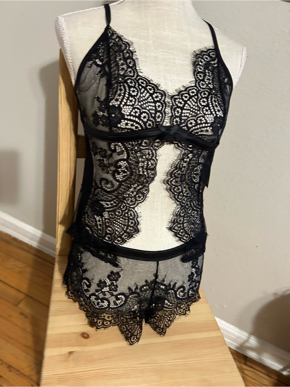 Roma Black Sheer Lace Chemise with Scalloped Trim